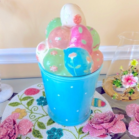 New Easter cookie jar ceramic Happy Easter eggs in bucket glass cookie jar decor - Picture 2 of 3